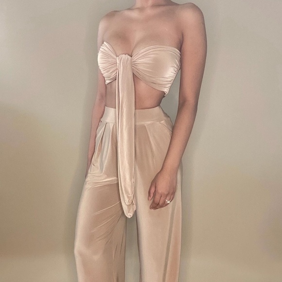 Beige wide leg pant and Bandeau Set - Picture 1 of 4